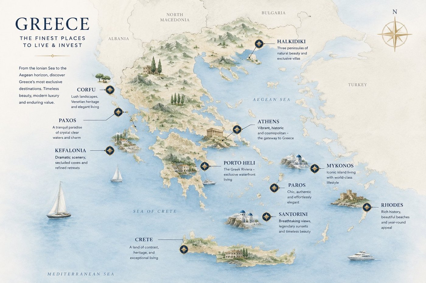 Map of Greece showing key luxury property destinations including Corfu, Paxos, Kefalonia, Halkidiki, Athens, Porto Heli, Mykonos, Paros, Santorini, Rhodes and Crete