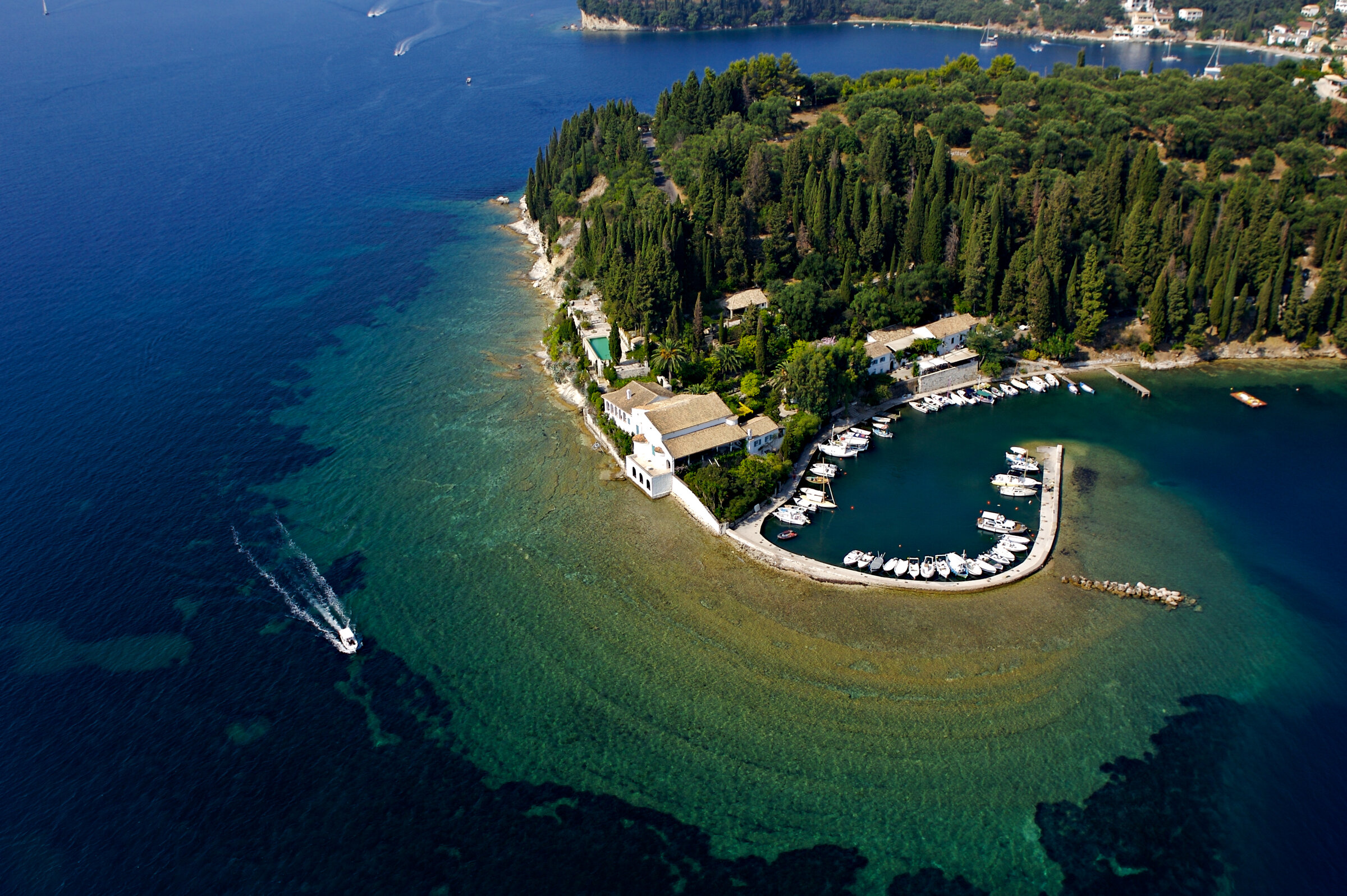 Kouloura, north-east Corfu — private waterfront estate from the air