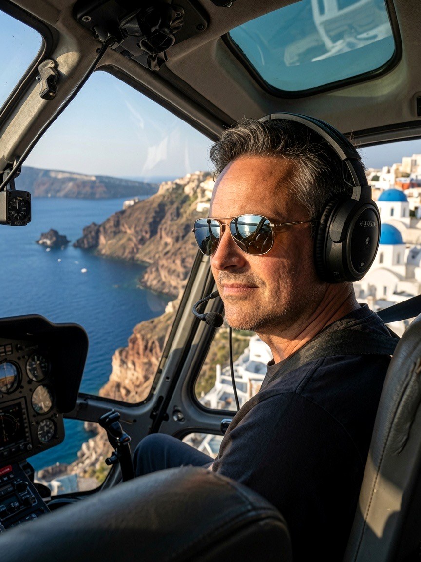 Marcus Gondolo-Gordon viewing Greek coastal property from helicopter over Santorini